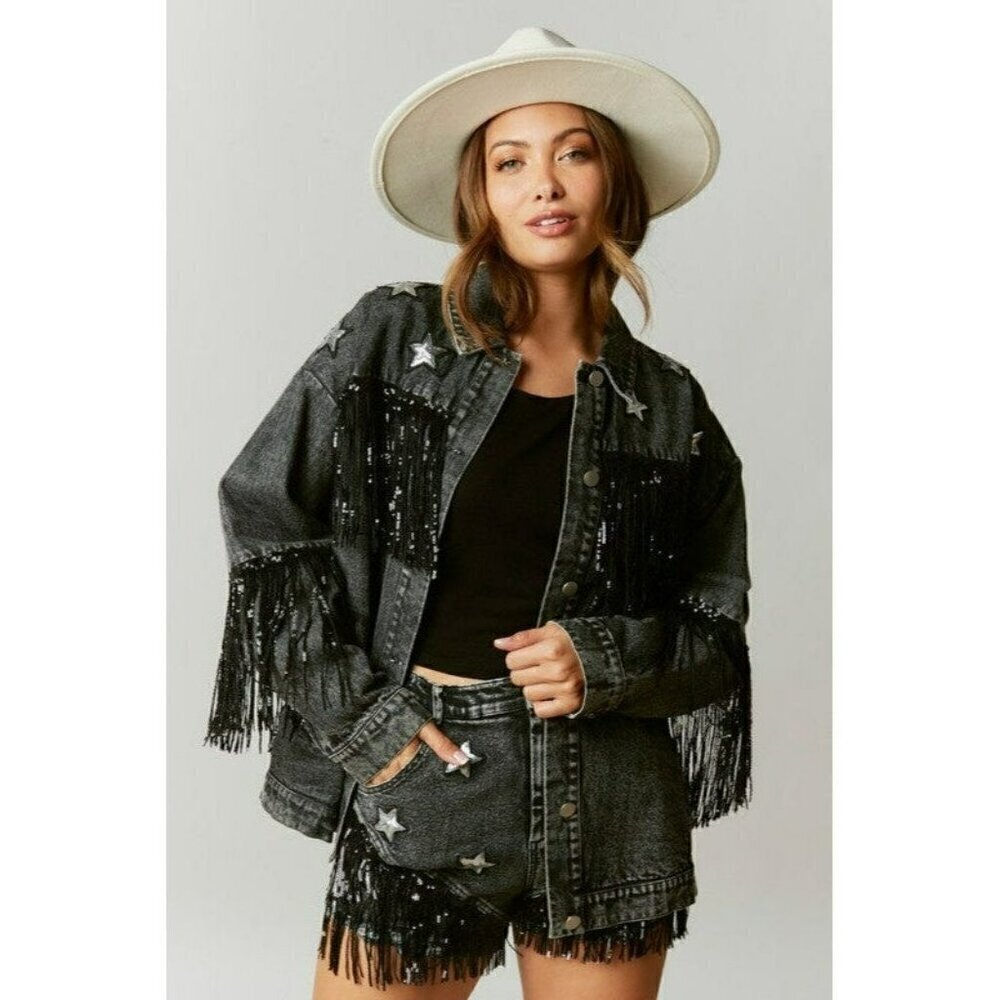 Oh My Starlight Sequin Patch Black Shorts With Fringe - Picture 7 of 7